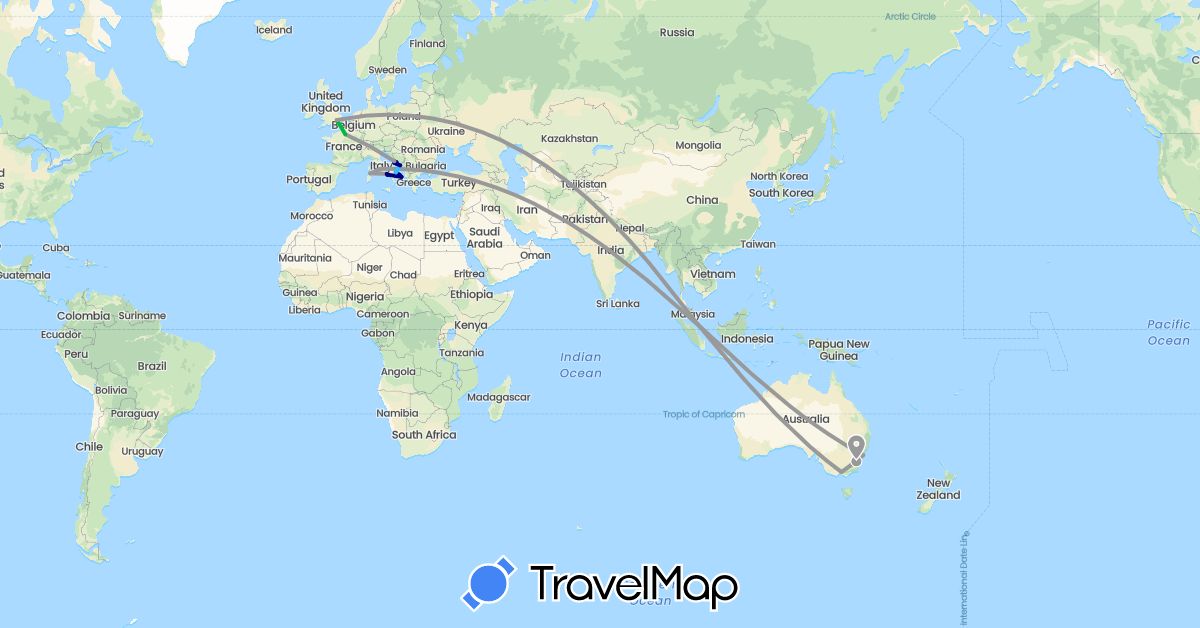 TravelMap itinerary: driving, bus, plane, boat in Australia, France, United Kingdom, Croatia, Italy, Singapore (Asia, Europe, Oceania)